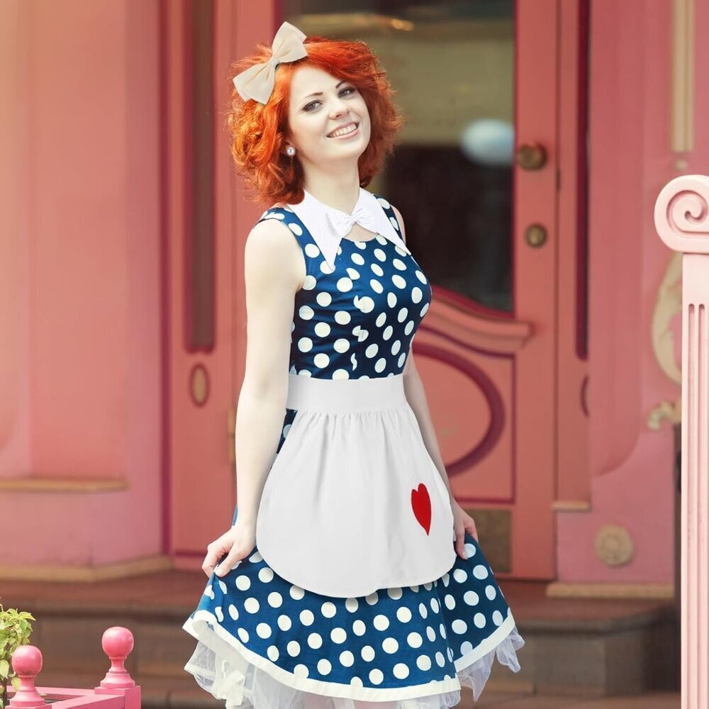 1950s Women's Retro Costume Set Housewife Dress Apron Collars Bow Headband - Picture 3 of 6